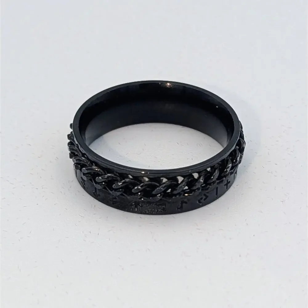 Black Spinner Ring Size 13 – Chain Link Design – Rune Engraved – Men’s Ring